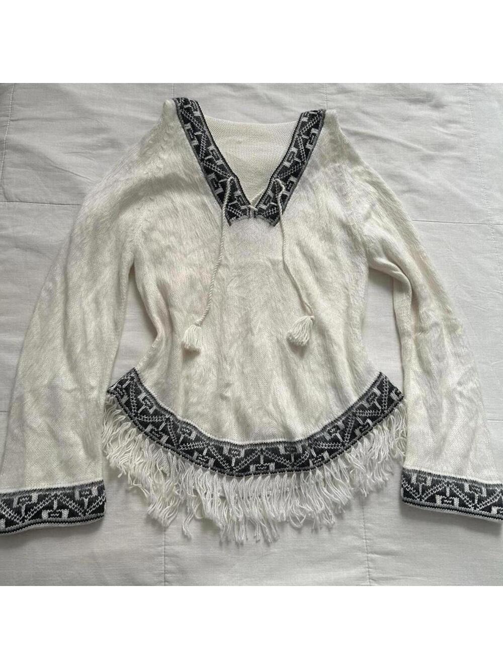 White and black boho unique tassel sweater
